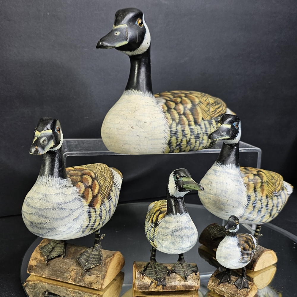 Hand Carved Painted Wood Ducks Set Of 5 Mallard Goose Geese Birds Carvings